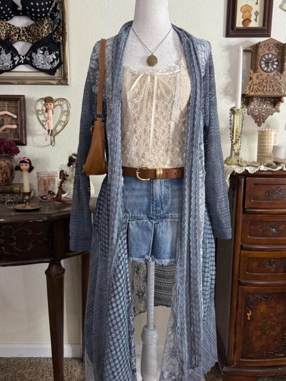 Boho whimsical fairy grunge dusty blue patchwork lace long cardigan